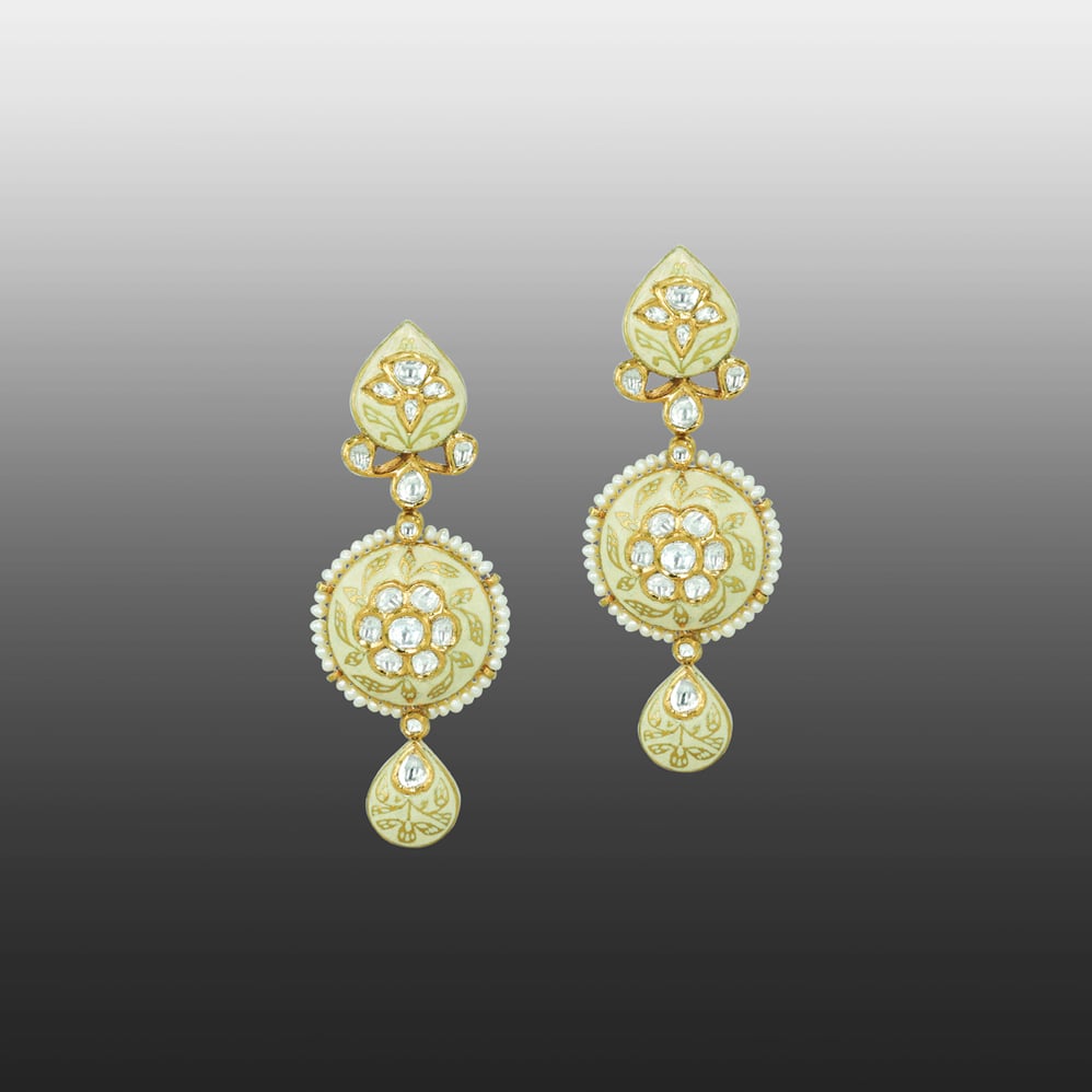 Ivory-Mint Enamel Earrings with Polkis and Pearls